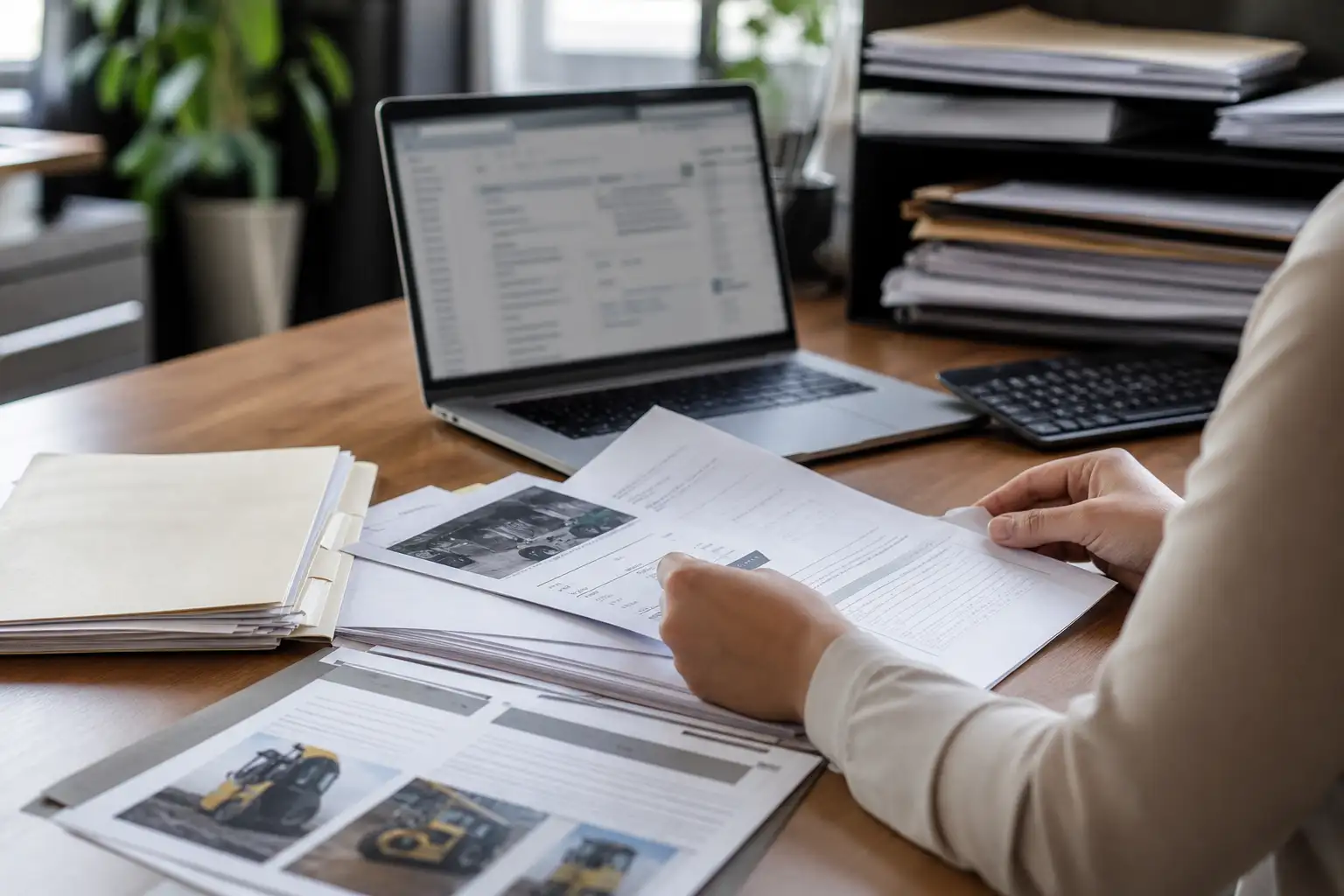 An AP specialist reviewing a shared inbox with rental invoice PDFs and a laptop on a desk in an office setting.
